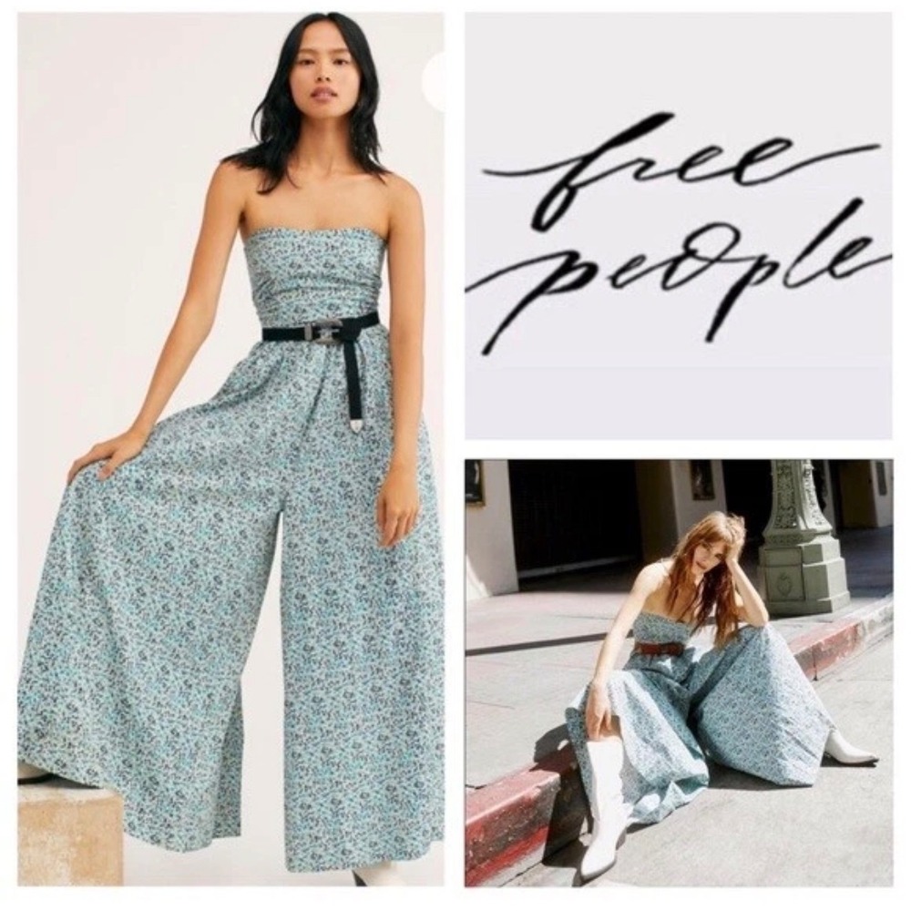 Free People Mustang‎ Strapless Ditsy Flroral Wide Leg Jumpsuit Romper Size Small